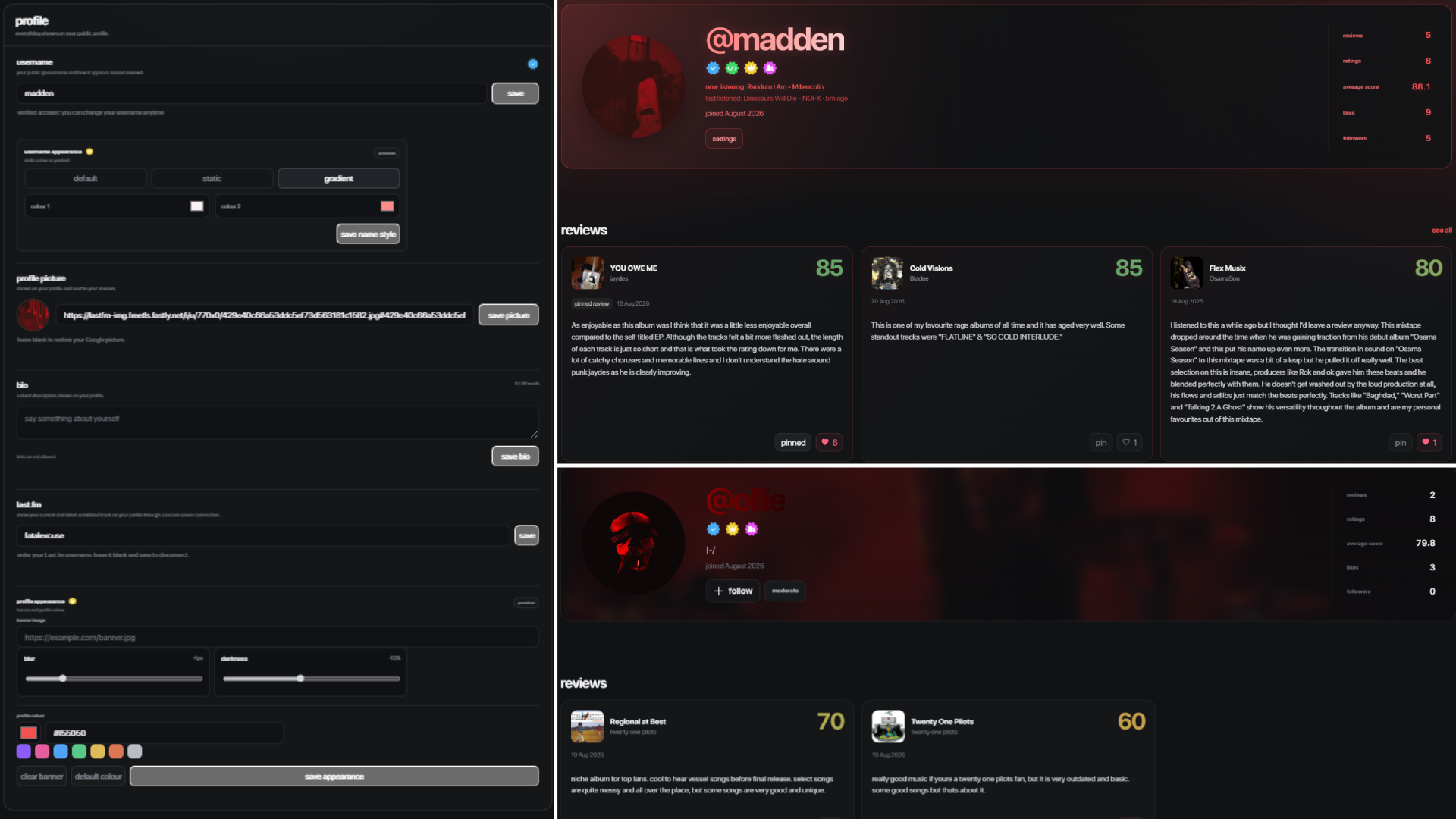 reviewd profile customization and public profile interfaces