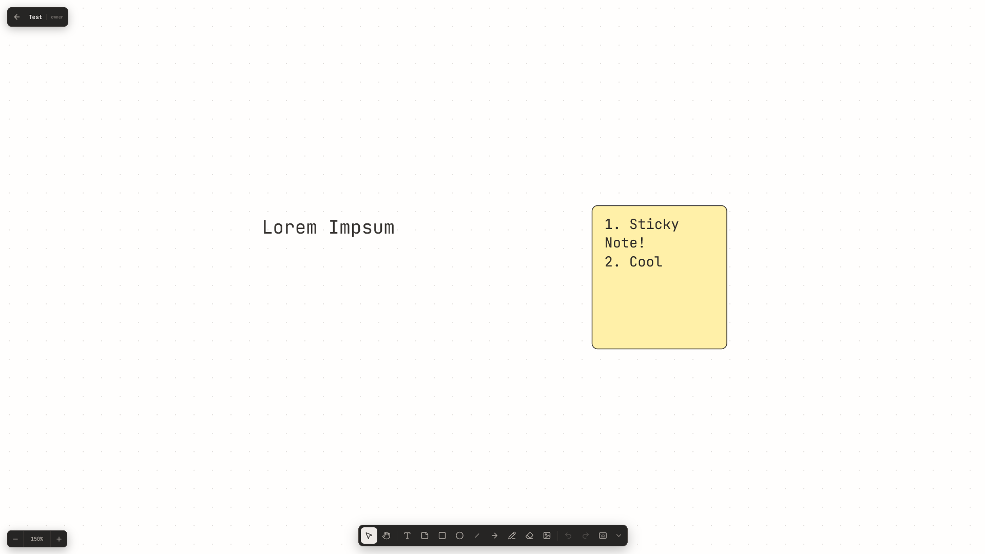 wboard editor with a dotted canvas, text, a sticky note and a floating drawing toolbar