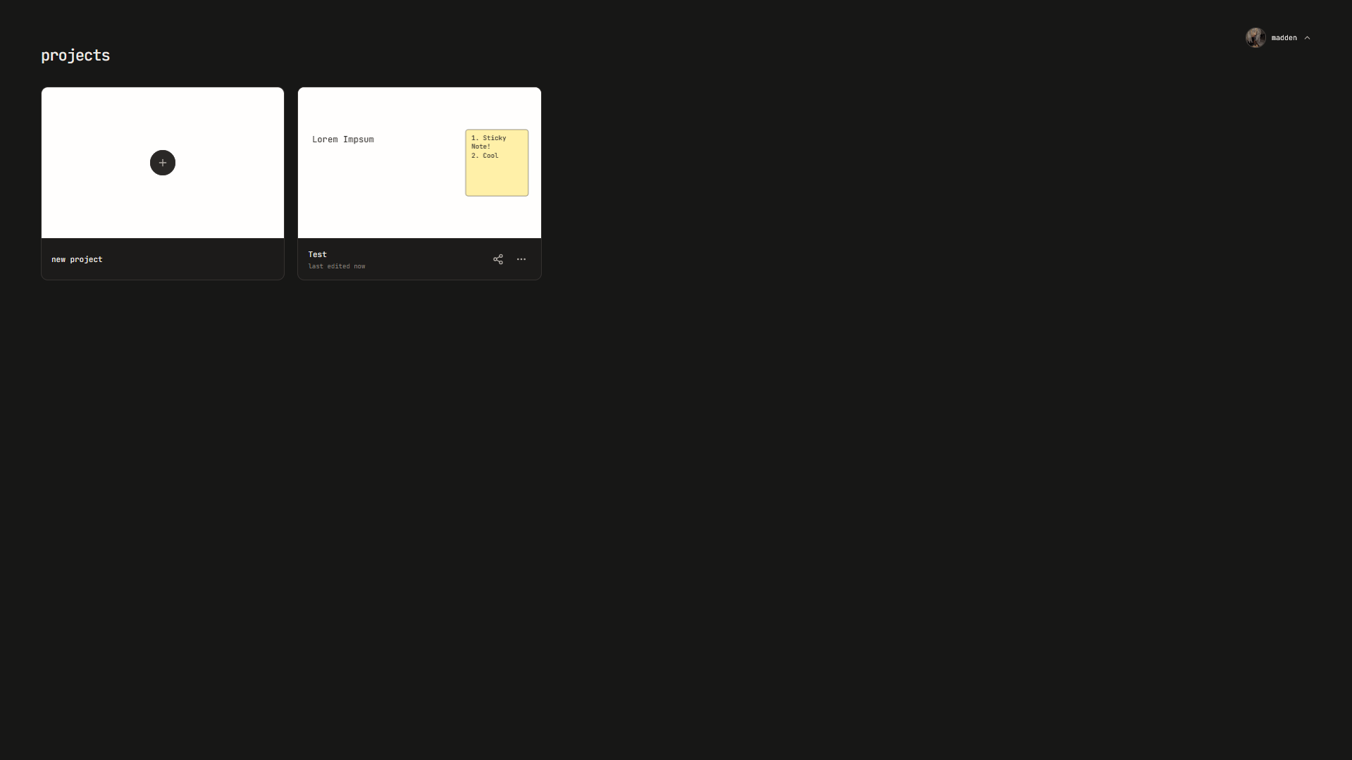 wboard projects dashboard showing a new project card and an existing whiteboard