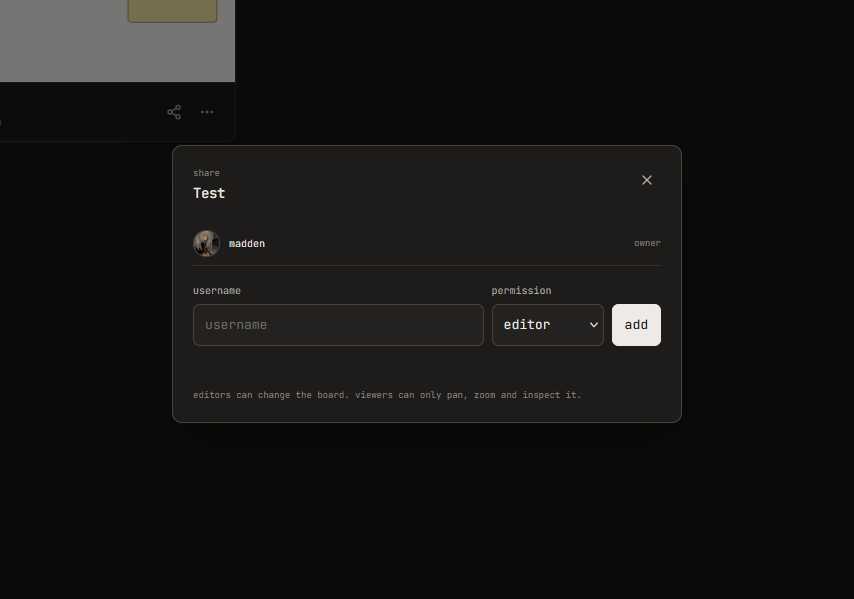 wboard share panel with username and editor permission controls
